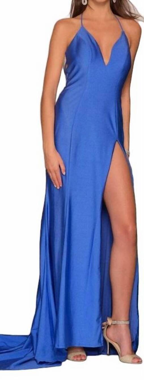 NEW DAVE & JOHNNY plunging neck halter satin gown in royal